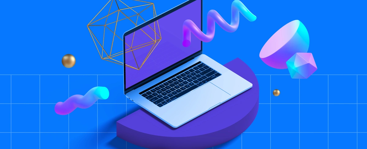 Футуристичний вебдизайн: 3D-ілюстрація ноутбука з об'ємними геометричними фігурами: впізнаваність бренду