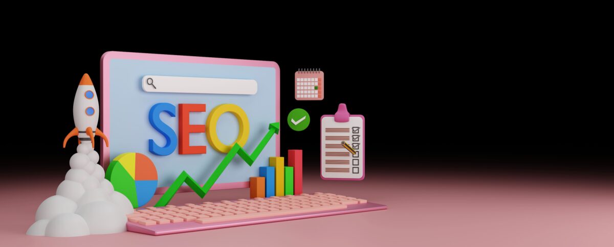 SEO-просування сайту: 3D ілюстрація з ракетою, графіками та аудитом: CTR