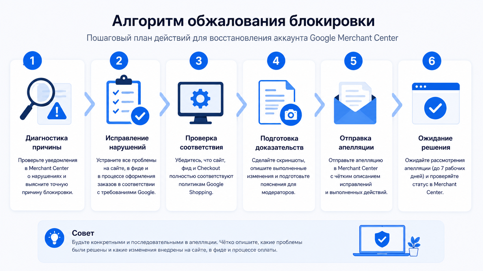 Покроковий алгоритм оскарження блокування Google Merchant Center