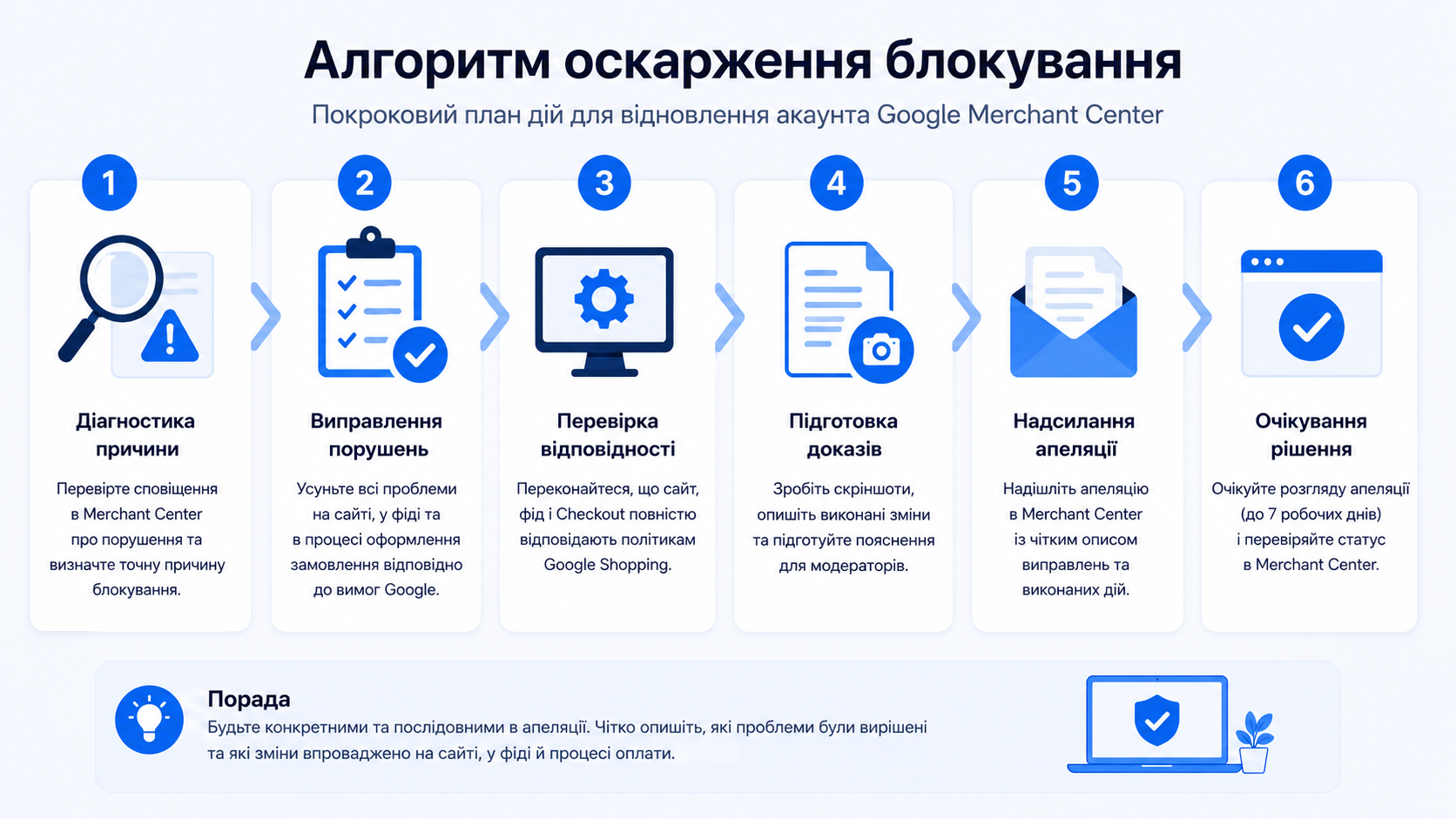 Покроковий алгоритм оскарження блокування Google Merchant Center