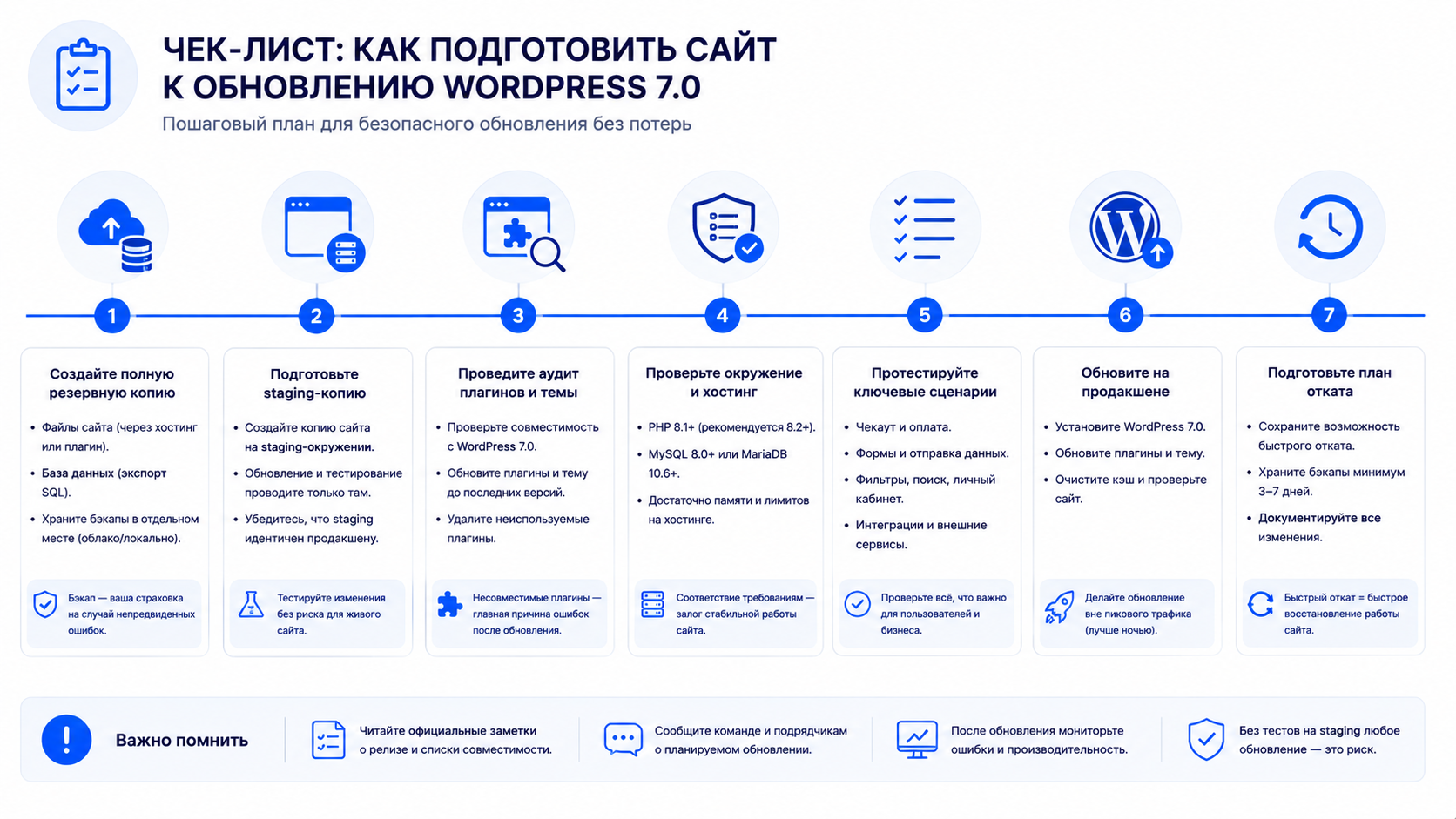 Чек-лист подготовки сайта к обновлению WordPress 7.0 - бэкап, staging, аудит плагинов, откат