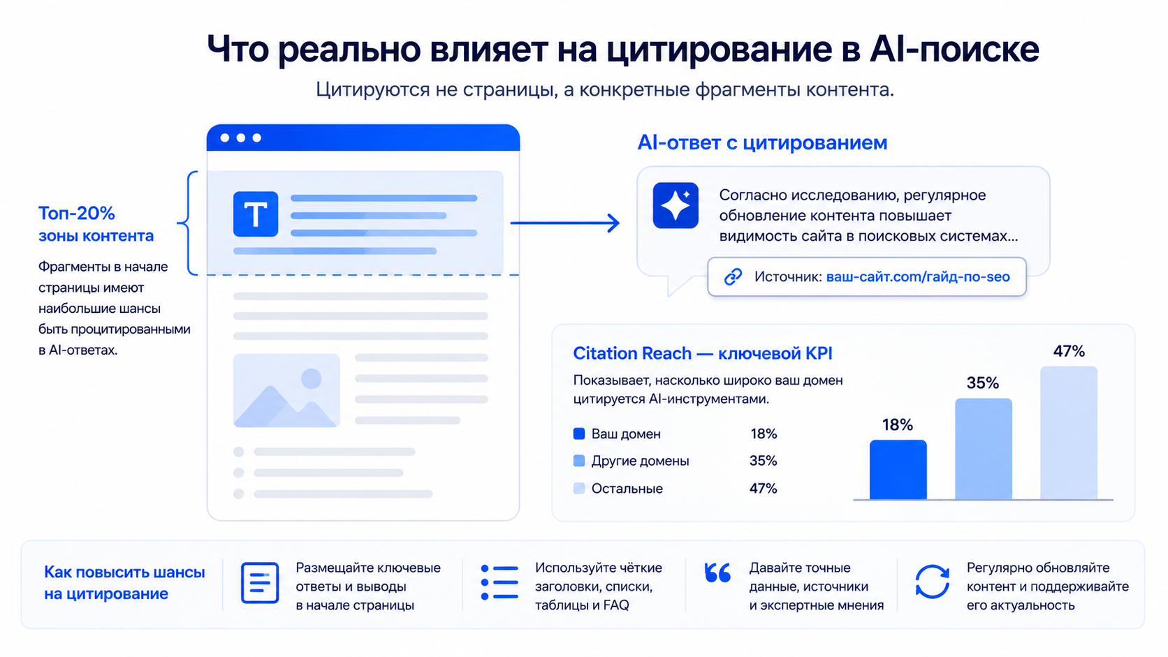 Инфографика цитирования в AI-поиске: позиция фрагмента на странице и citation reach как KPI
