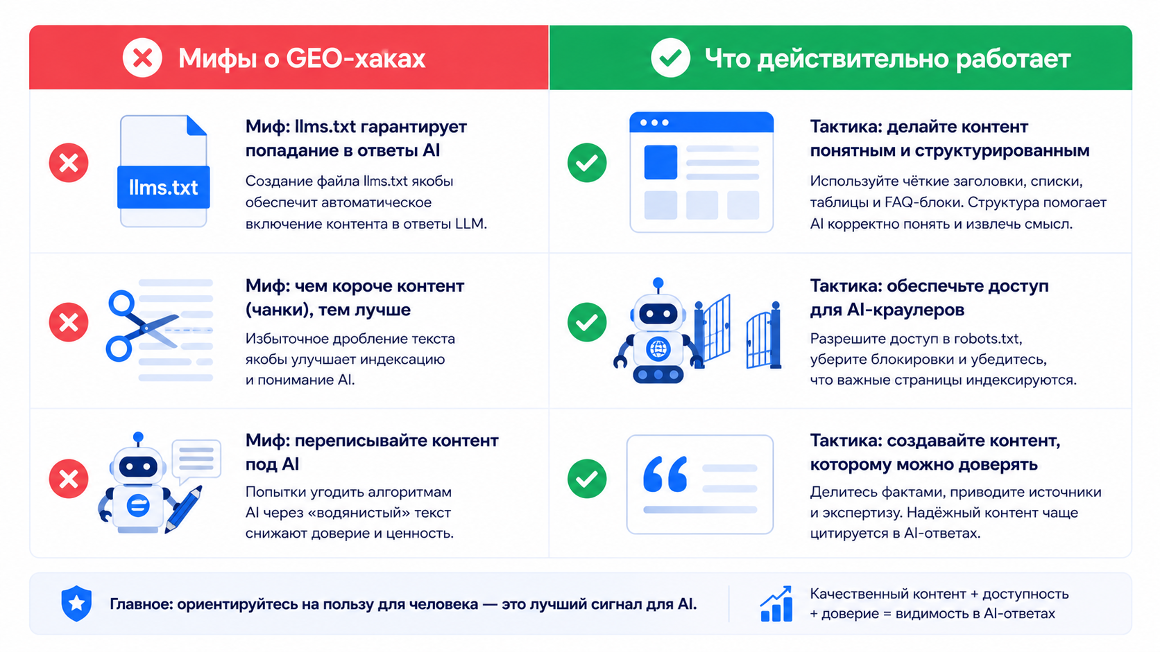 Сравнение GEO-мифов и рабочих тактик: llms.txt, чанкинг контента и доступ AI-краулеров