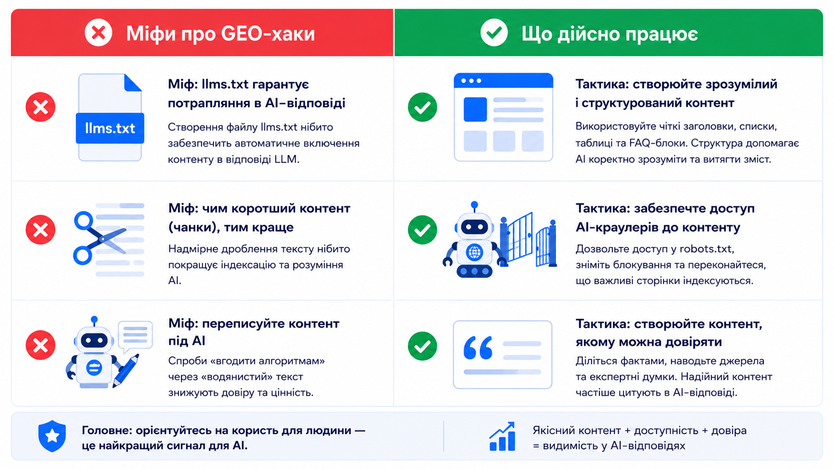 Порівняння GEO-міфів і робочих тактик: llms.txt, чанкінг контенту та доступ AI-краулерів