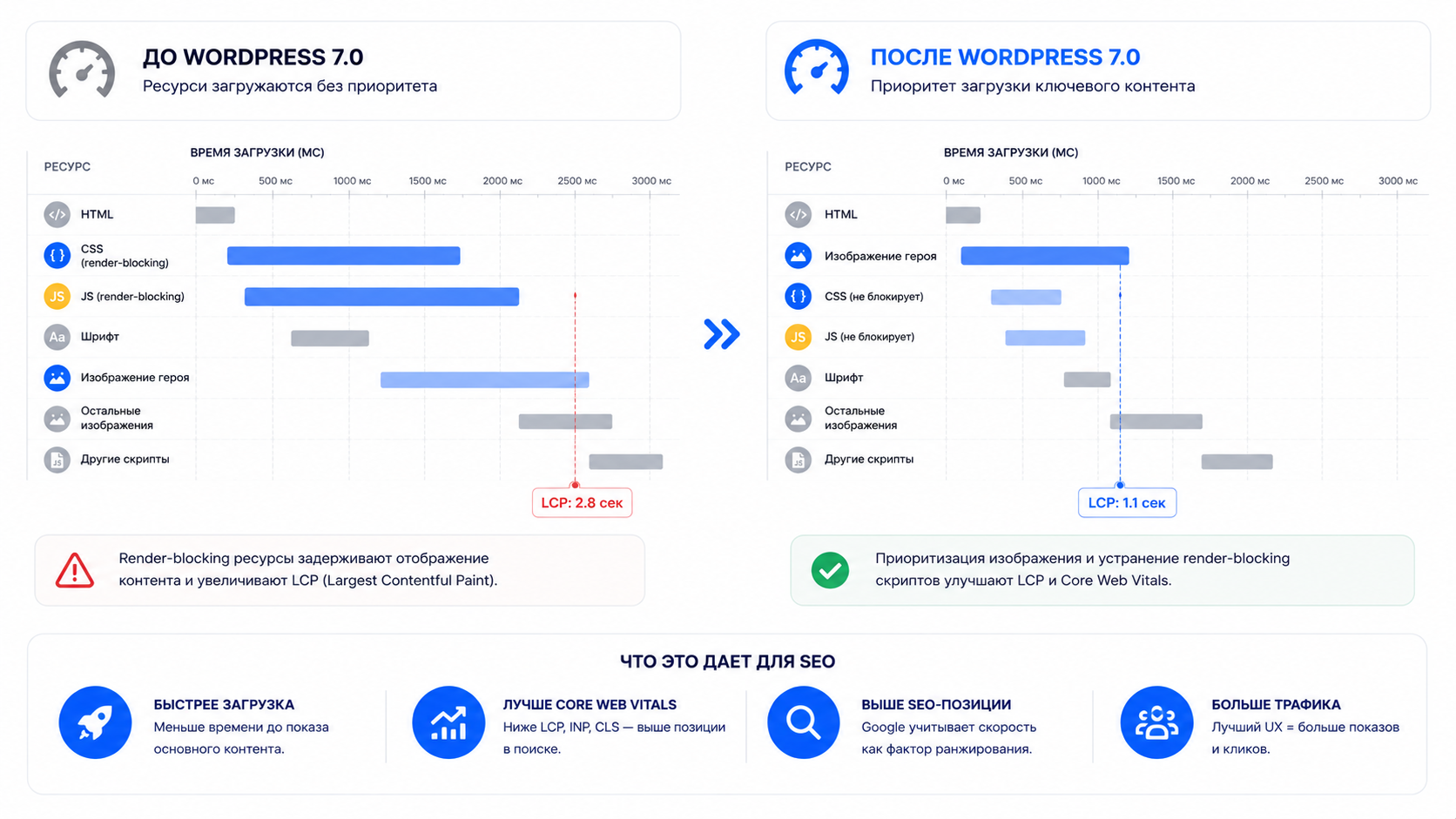 Влияние WordPress 7.0 на Core Web Vitals - приоритизация изображений и сокращение render-blocking скриптов