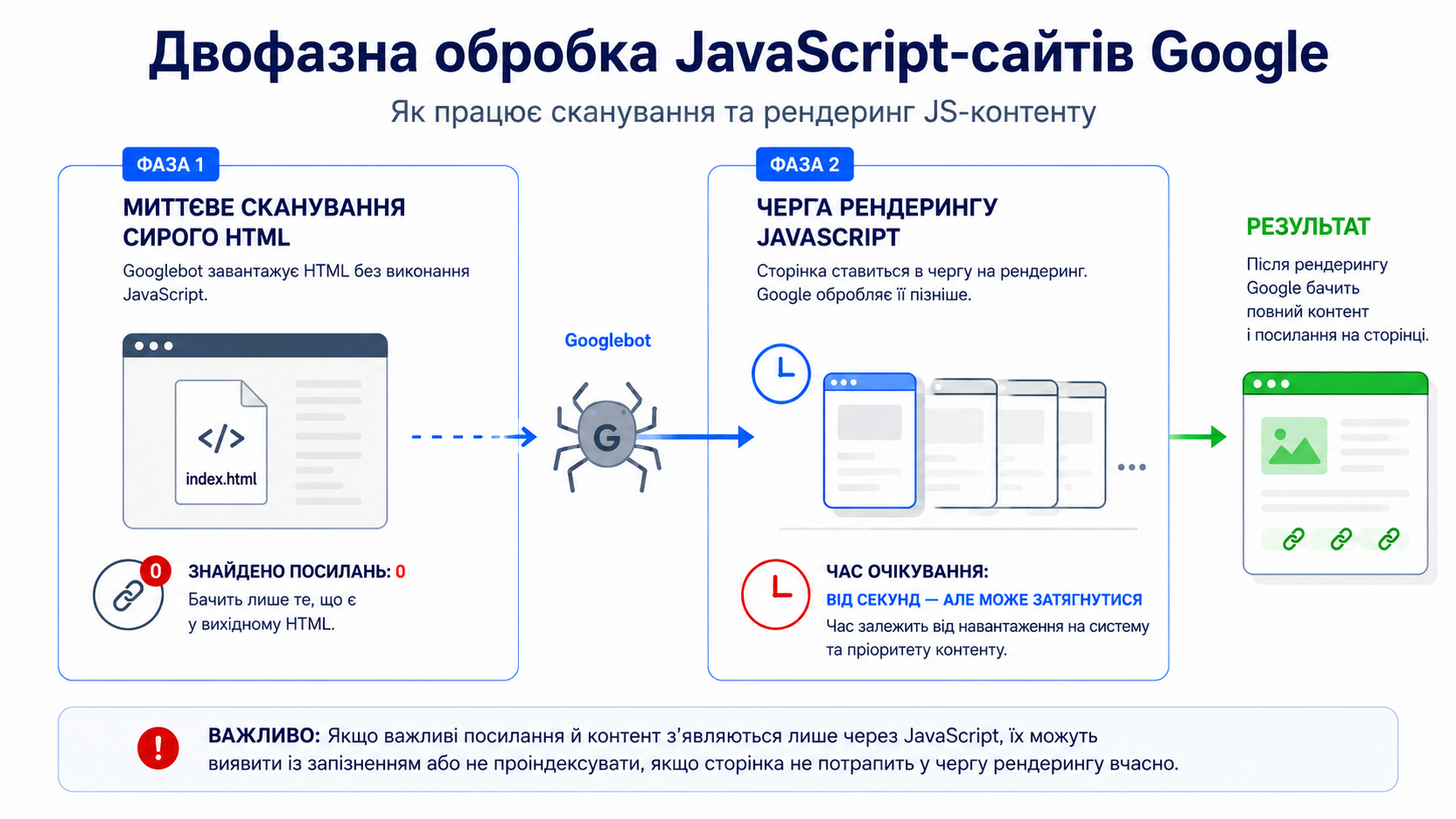 Двофазна обробка JavaScript-сайтів Google: миттєве сканування необробленого HTML та черга рендерингу JavaScript