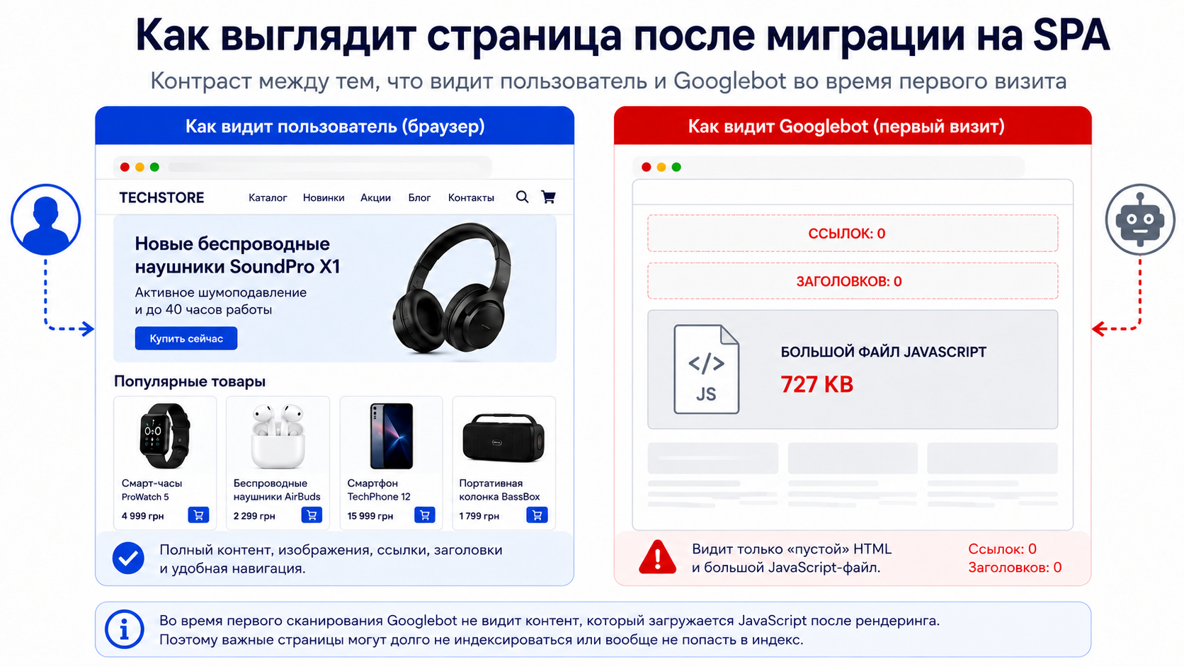 Сравнение страницы после миграции на SPA: пользователь видит полный сайт, Googlebot на первом визите - пустой HTML с JS-файлом 727 КБ