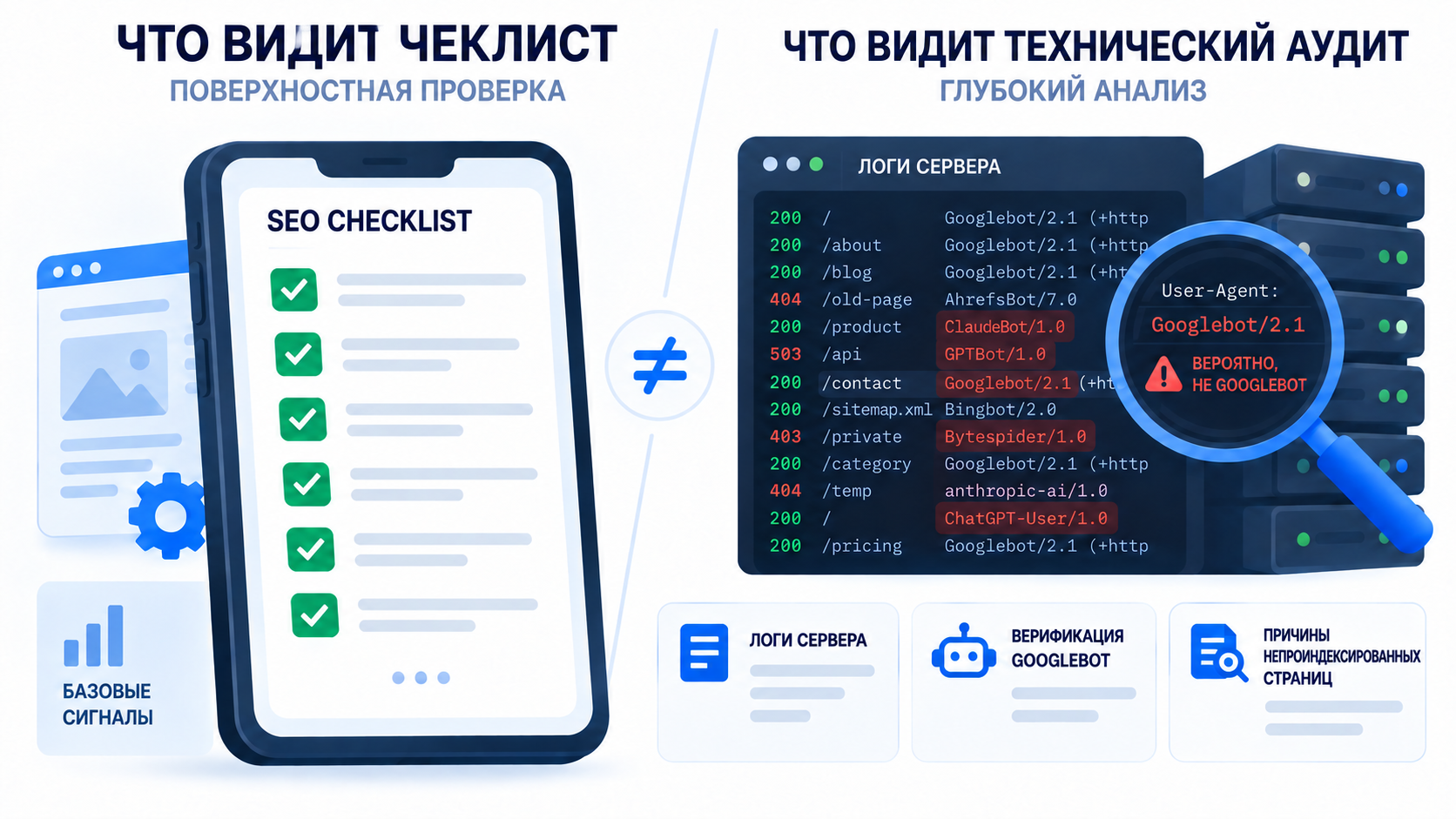 Что видит чек-лист и что видит технический аудит: логи сервера, верификация Googlebot, причины непроиндексированных страниц