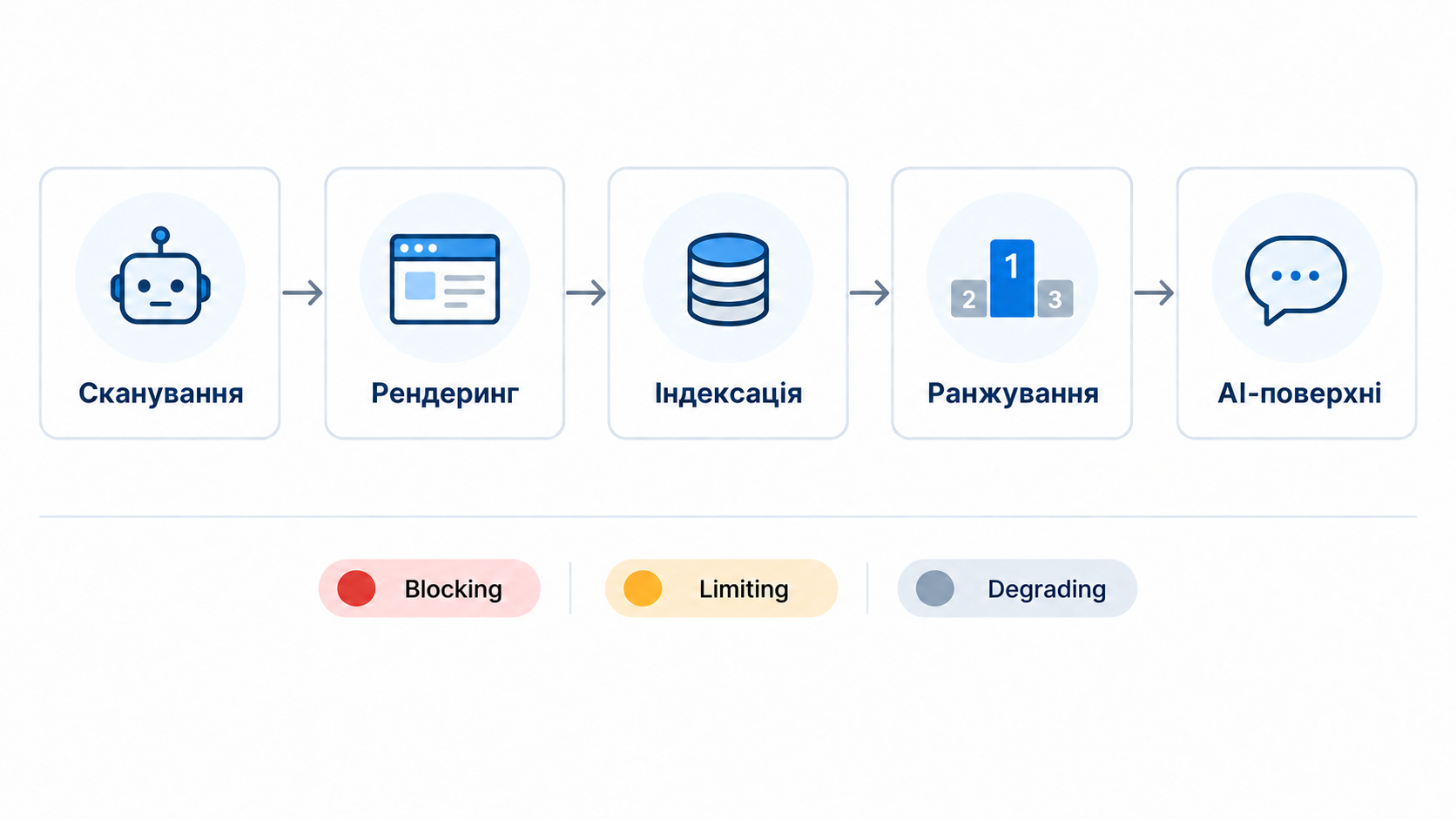 Етапи обробки сайту пошуком: сканування, рендеринг, індексація, ранжування, AI-поверхні - зони технічного чекліста