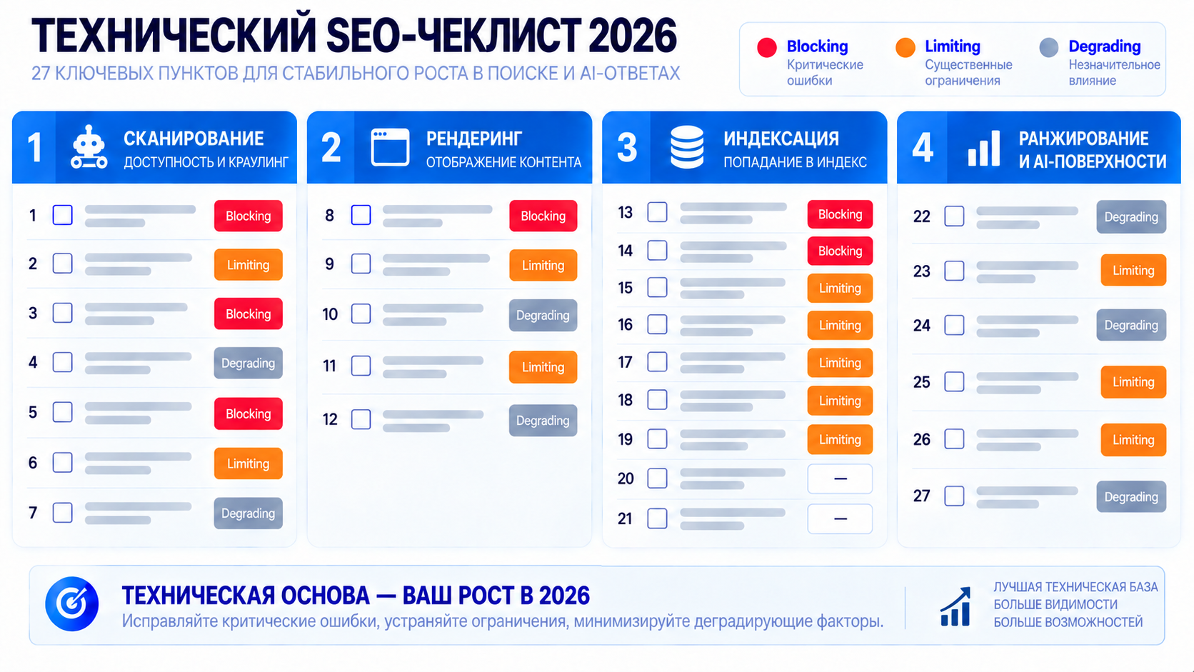 Технический SEO-чек-лист 2026: сводная таблица 27 пунктов с классом последствия Blocking, Limiting, Degrading