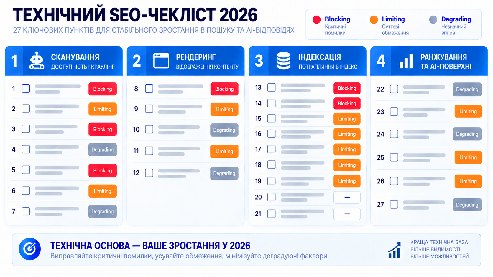 Технічний SEO-чекліст 2026: зведена таблиця 27 пунктів з класом наслідку Blocking, Limiting, Degrading